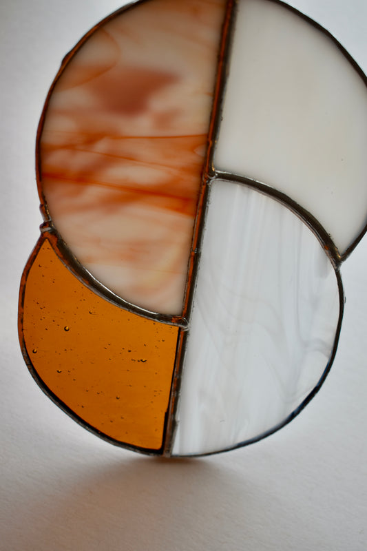 Harvest Glow Stained Glass Sun Catcher – White & Orange Half Circle Design
