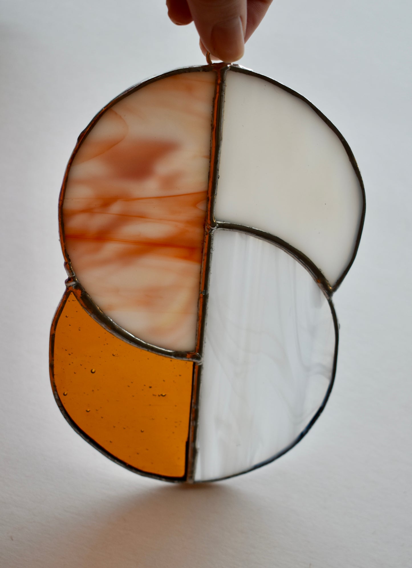 Harvest Glow Stained Glass Sun Catcher – White & Orange Half Circle Design